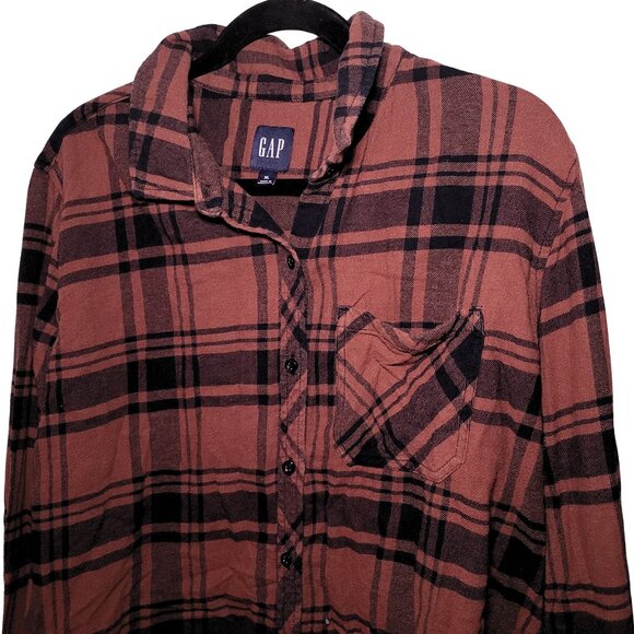 GAP Brand 100% Cotton Brown Black Plaid Flannel Collared Button Down XL - Picture 3 of 6